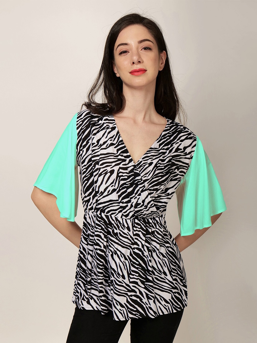 

PATRORNA Abstract Printed Flared Sleeves Wrap Top, Black