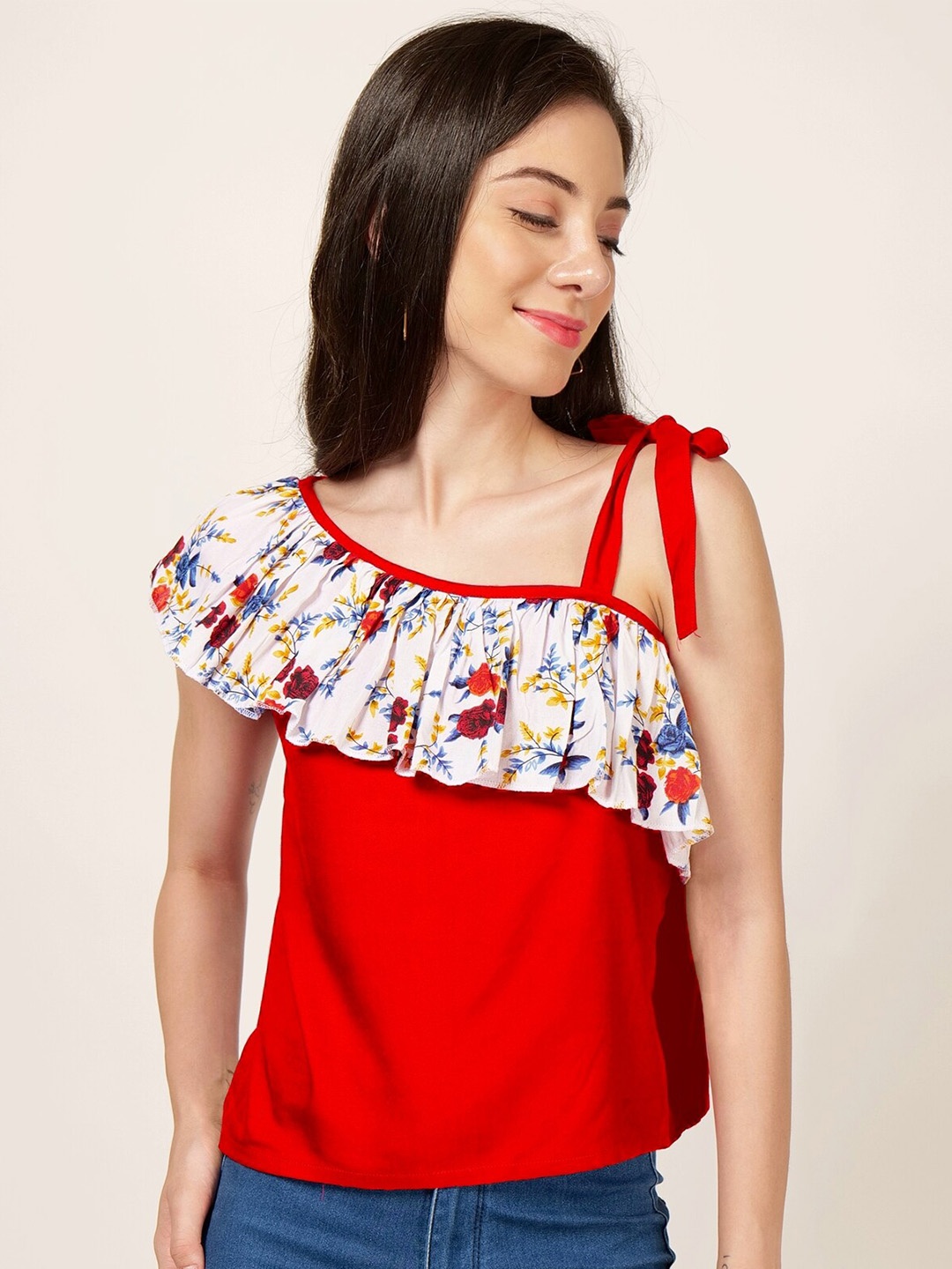 

PATRORNA Floral Printed One Shoulder Ruffle Cotton Top, Red