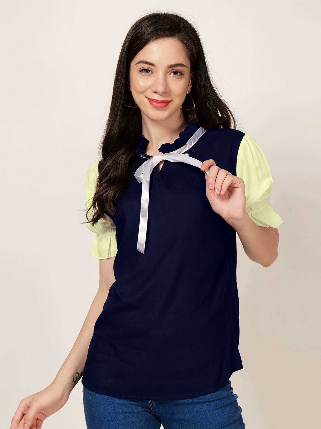 

PATRORNA Colourblocked Tie-Up Neck Puff Sleeves Top, Navy blue