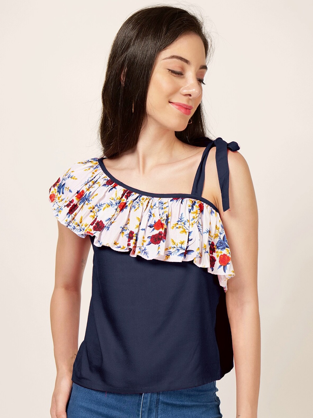 

PATRORNA Floral Printed One Shoulder Ruffles Top, Navy blue
