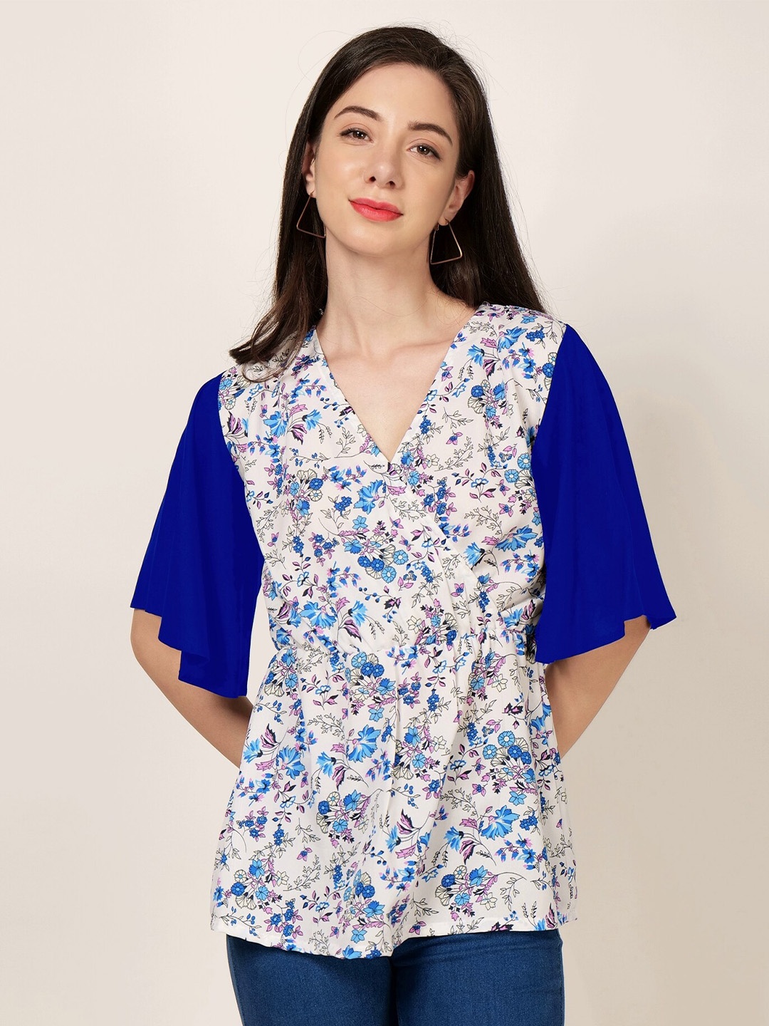 

PATRORNA Floral Printed V-Neck Flared Sleeves Wrap Top, White