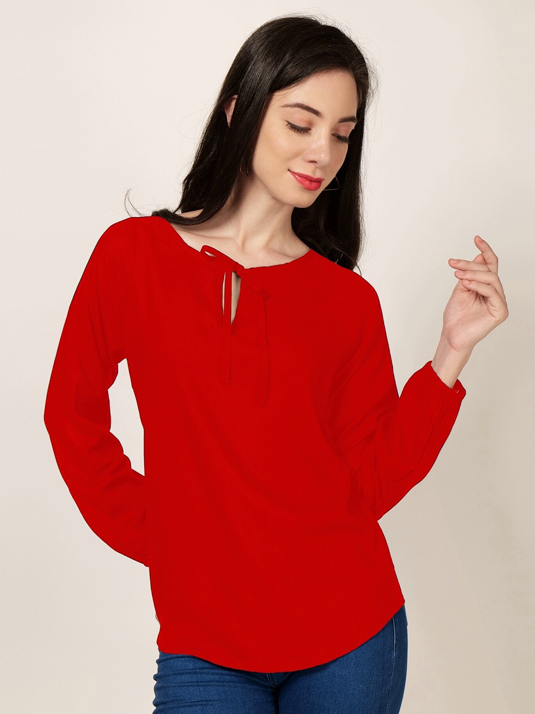 

PATRORNA Tie-Up Neck Puff Sleeves Top, Red
