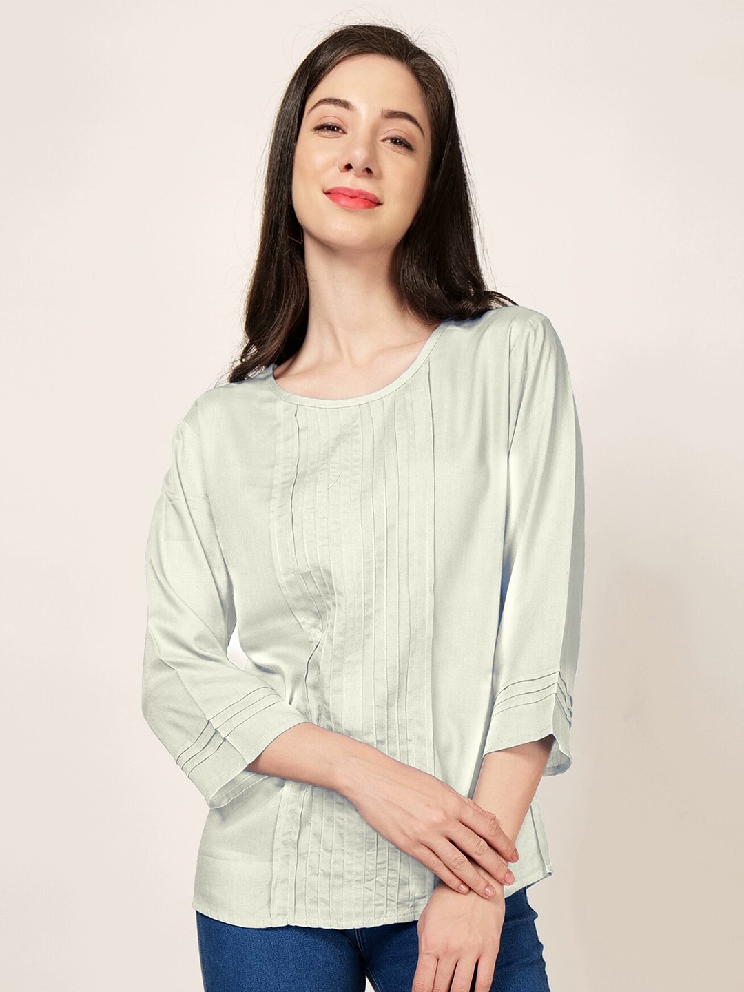 

PATRORNA Round Neck Pleated Top, Off white