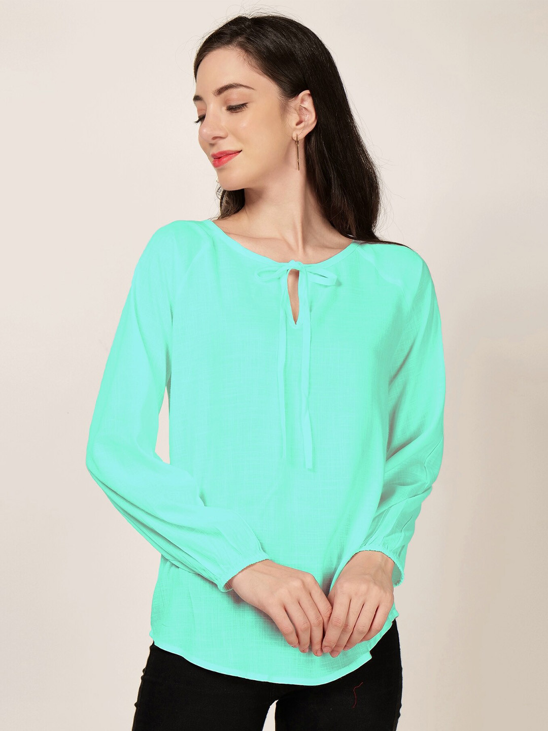 

PATRORNA Tie Up Neck Casual Top, Green