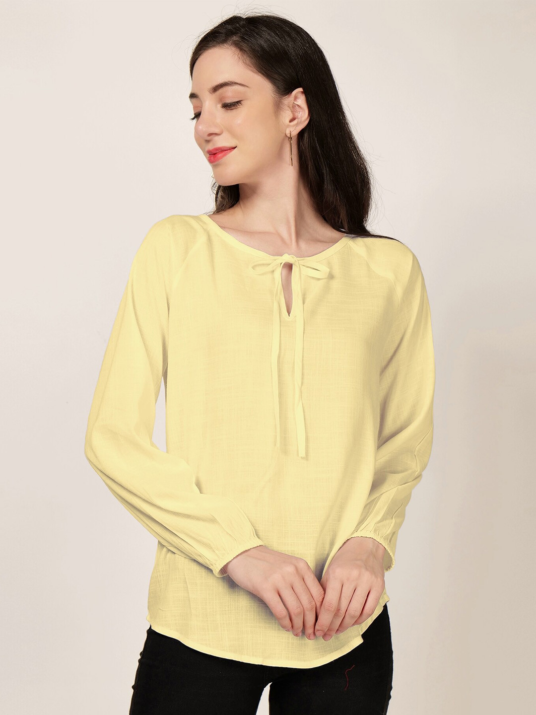 

PATRORNA Tie-Up Neck Puff Sleeves Cotton Top, Yellow