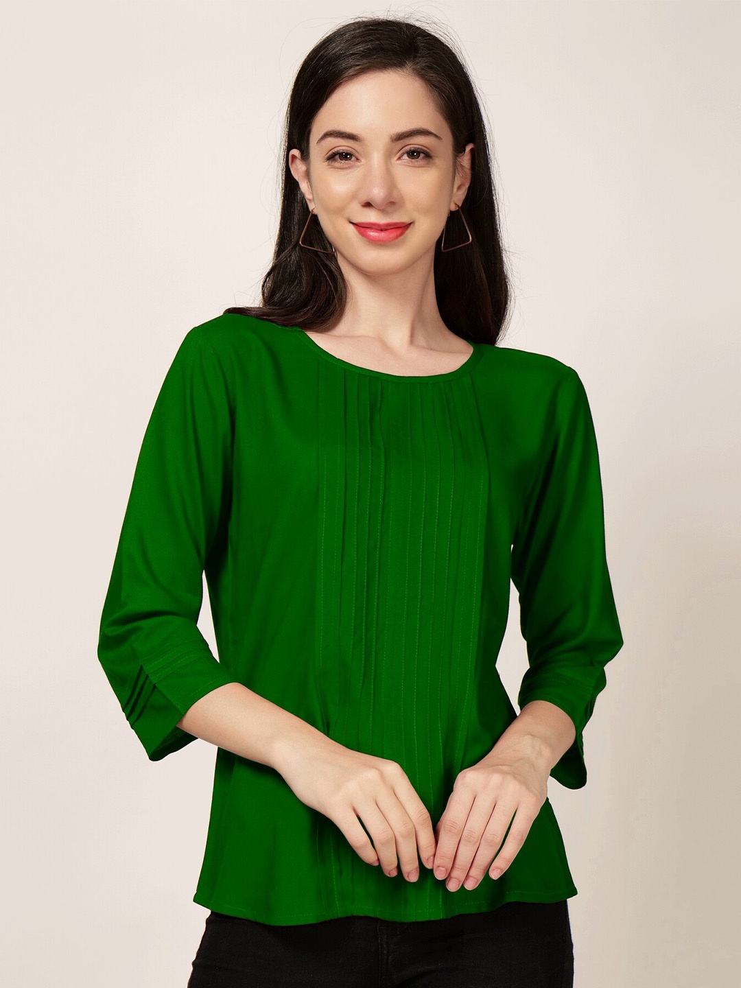 

PATRORNA Round Neck Pleated Top, Green