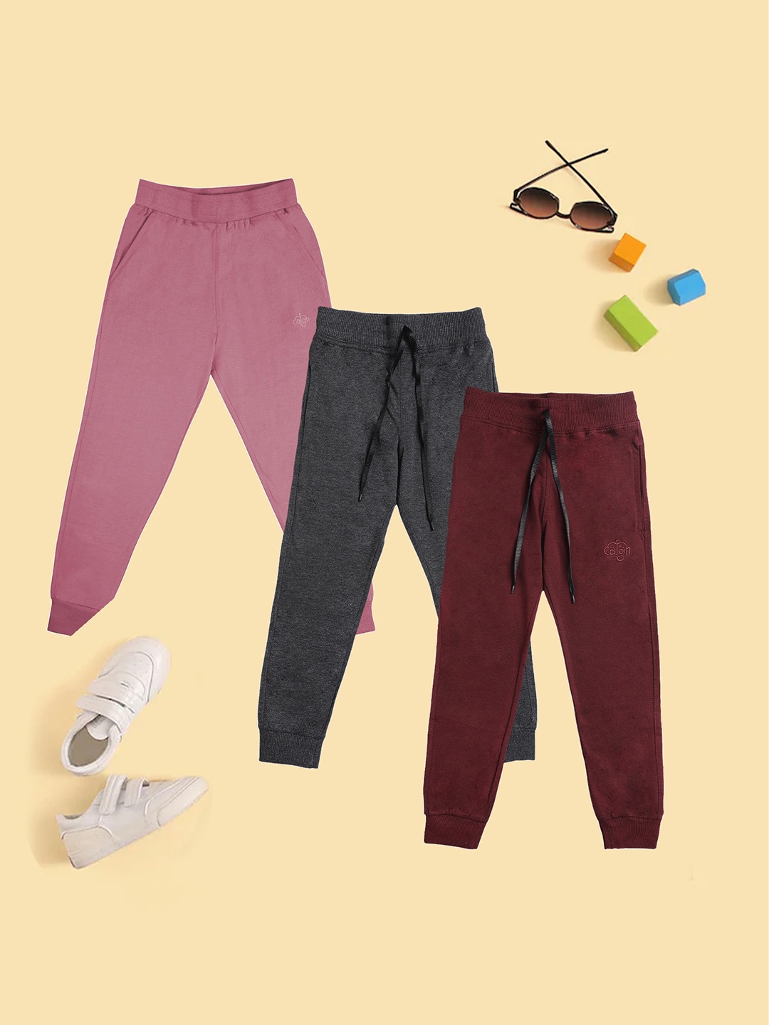 

CHIMPRALA Boys Pack Of 3 Mid-Rise Cotton Joggers, Pink