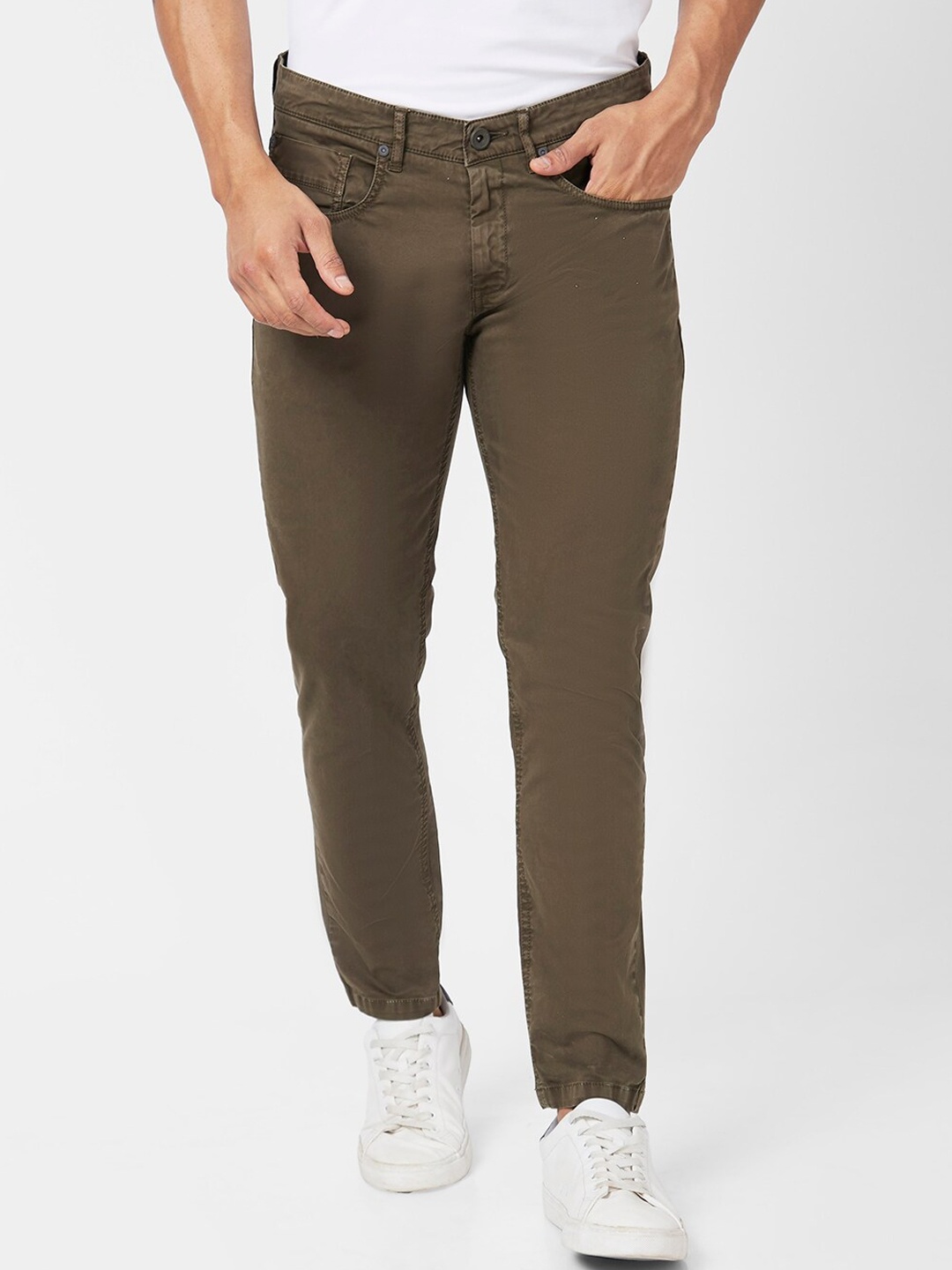 

SPYKAR Men Slim Fit Mid Rise Cotton Trousers, Green