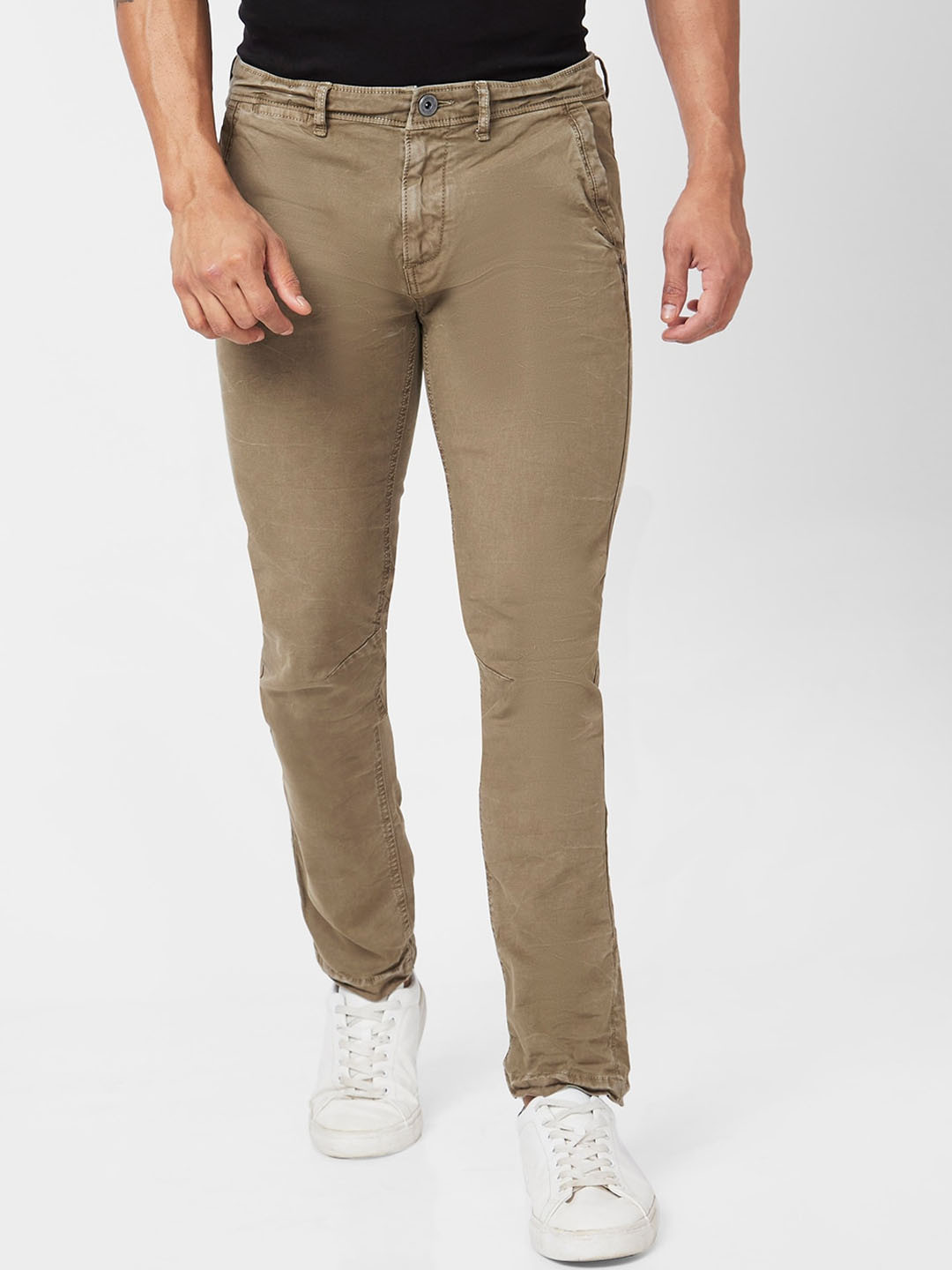 

SPYKAR Men Slim Fit Mid Rise Cotton Trousers, Beige