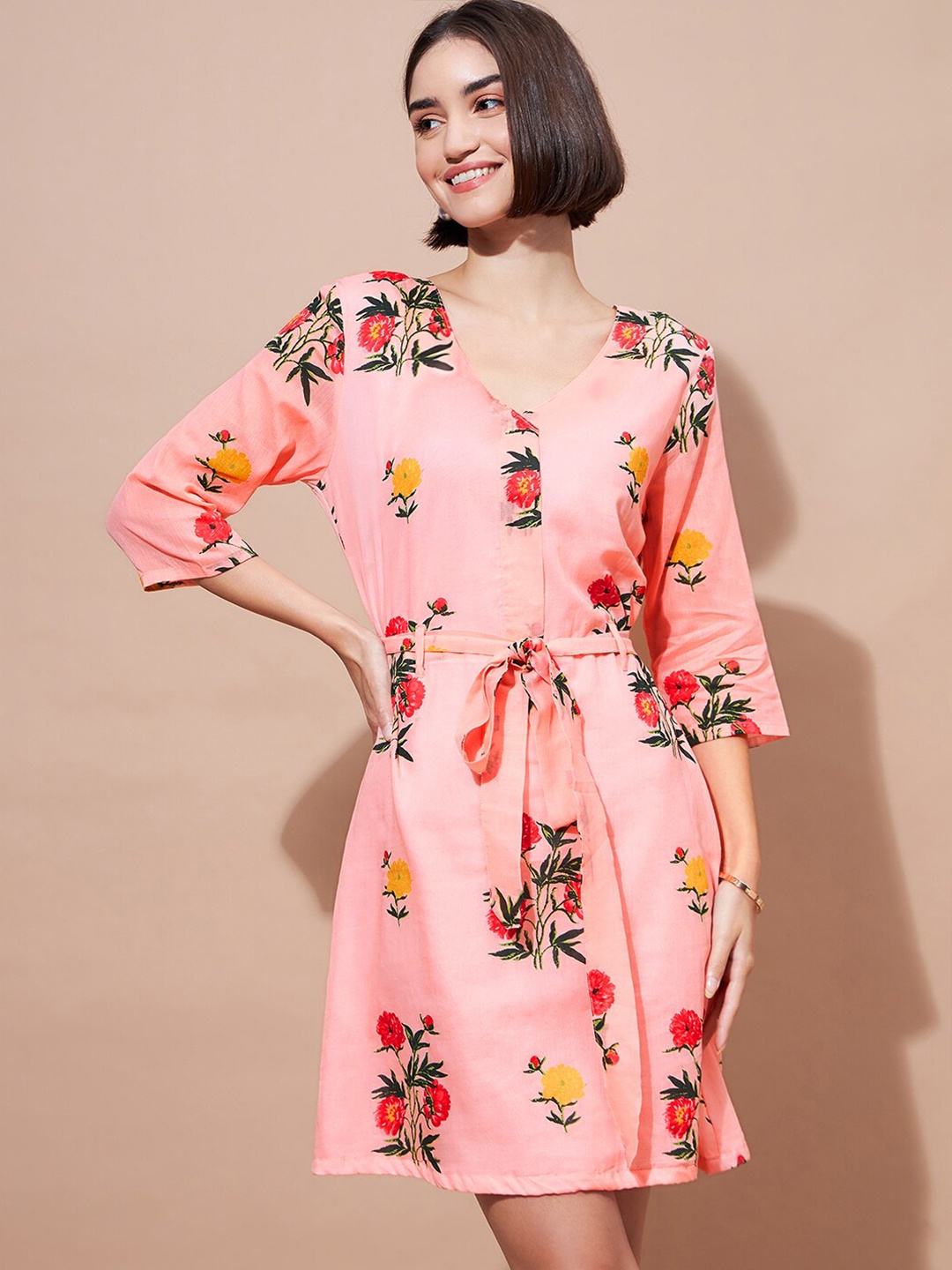 

DressBerry Pink Floral Printed Scuba A-Line Dress