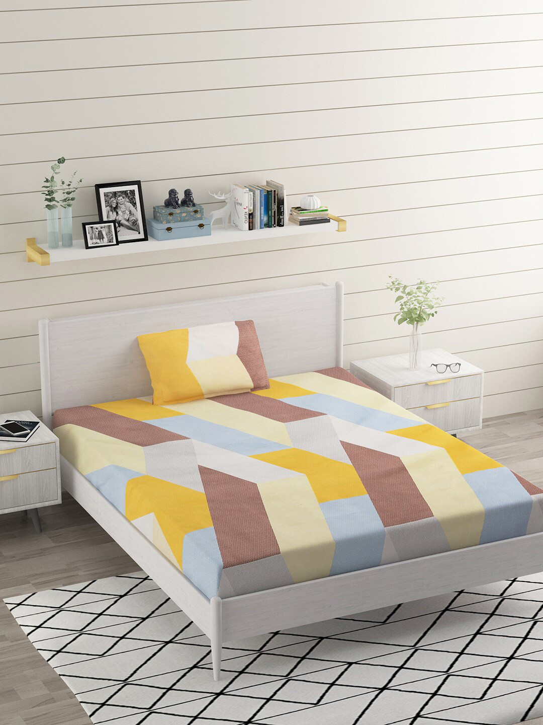 

BELVOSTUM Ashley Yellow Geometric Microfiber 220 TC Single Bedsheet &1 Pillow Cover