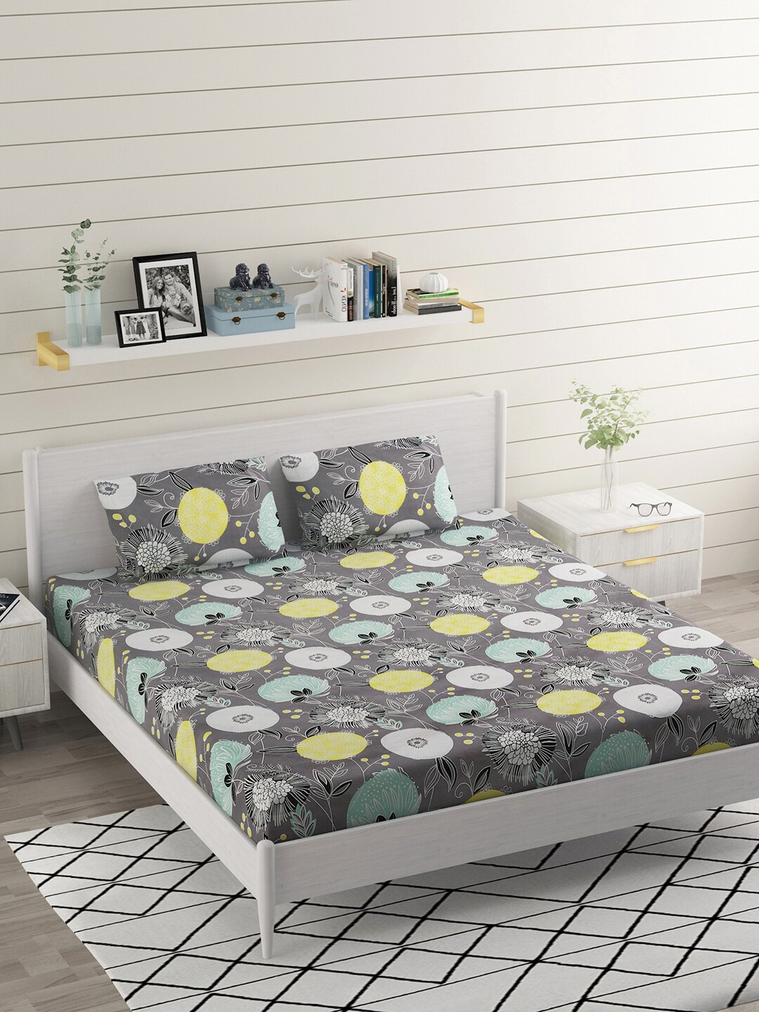 

BELVOSTUM Grey & Yellow Floral Microfiber 220 TC King Bedsheet With 2 Pillow Covers