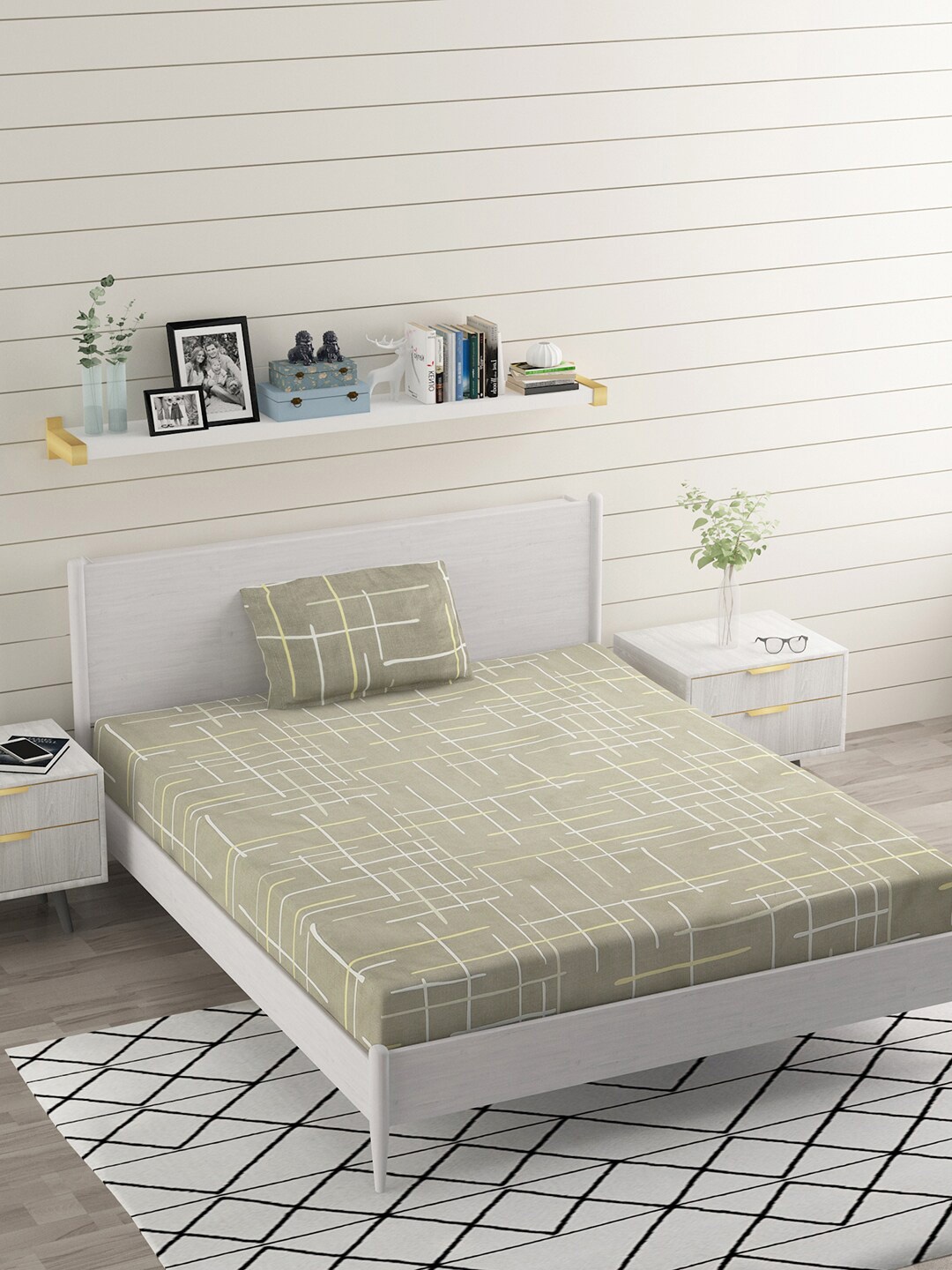 

BELVOSTUM Olive Green Striped Microfiber 220 TC Single Bedsheet with 1 Pillow Cover