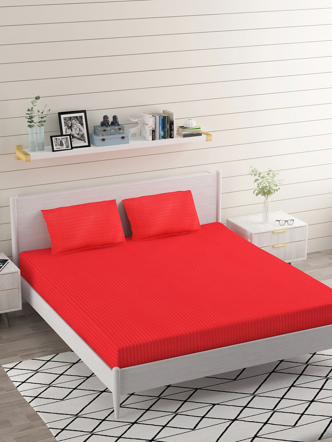 

BELVOSTUM Red Striped Microfiber 220 TC King Bedsheet With 2 Pillow Covers