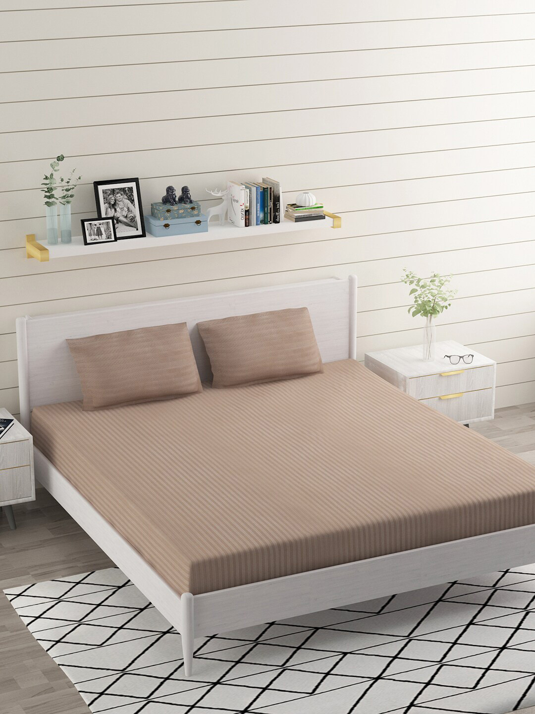 

BELVOSTUM Beige Striped Microfiber 220 TC King Bedsheet with 2 Pillow Covers