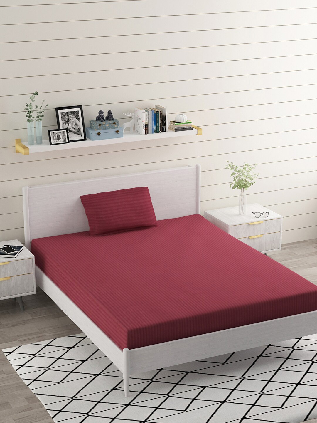 

BELVOSTUM Maroon Striped Microfiber 220 TC Single Bedsheet with 1 Pillow Covers