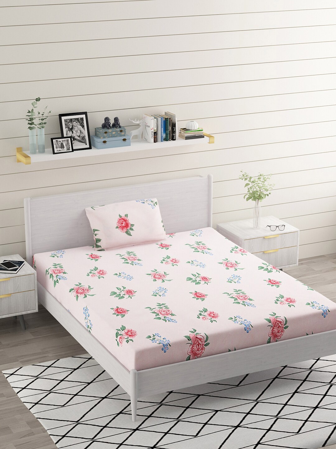 

BELVOSTUM Ashley Pink & Green Floral 220 TC Single Bedsheet with 1 Pillow Cover
