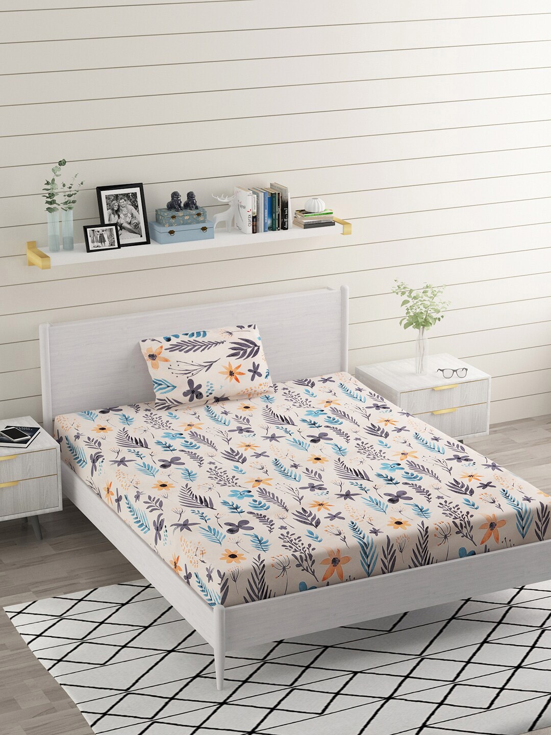

BELVOSTUM Peach-Coloured & Blue Floral Microfiber 220 TC Single Bedsheet & 1 Pillow Covers