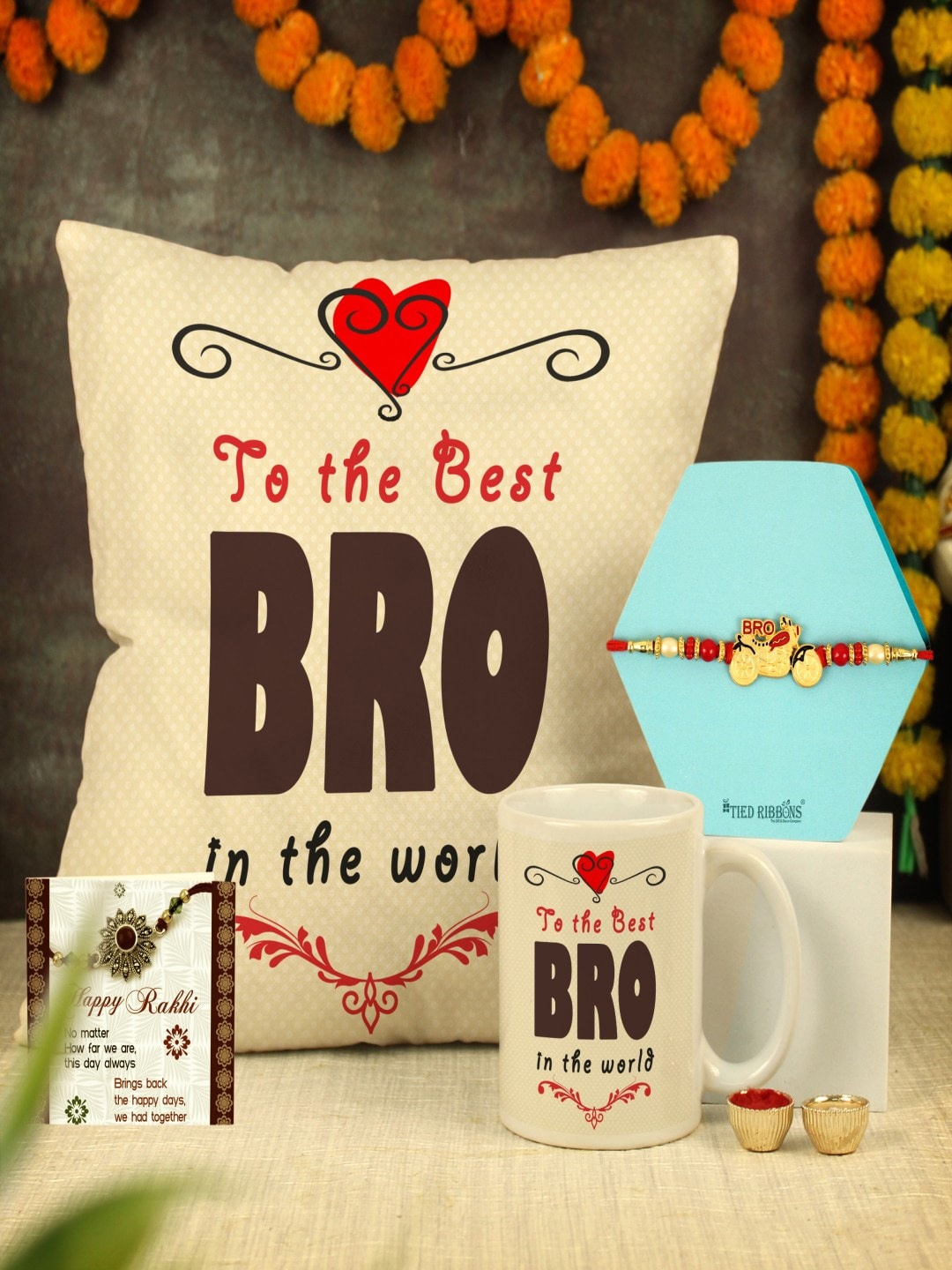 

TIED RIBBONS Men Rakhi With Cushion, Mug, Card & Roli Chawal Combo, White