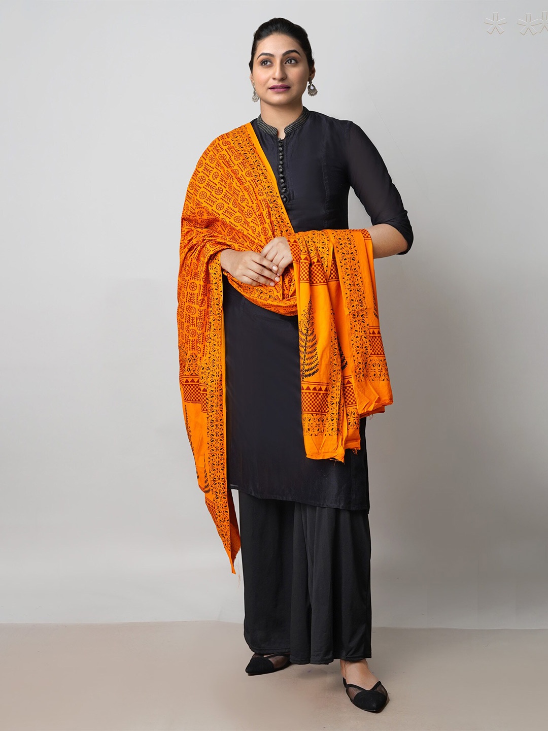 

Unnati Silks Ethnic Motifs Printed Pure Cotton Dupatta, Orange