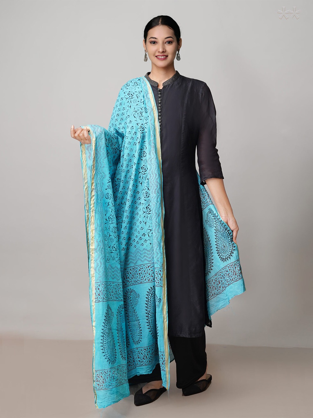 

Unnati Silks Blue & Black Ethnic Motifs Printed Pure Cotton Dupatta with Zari