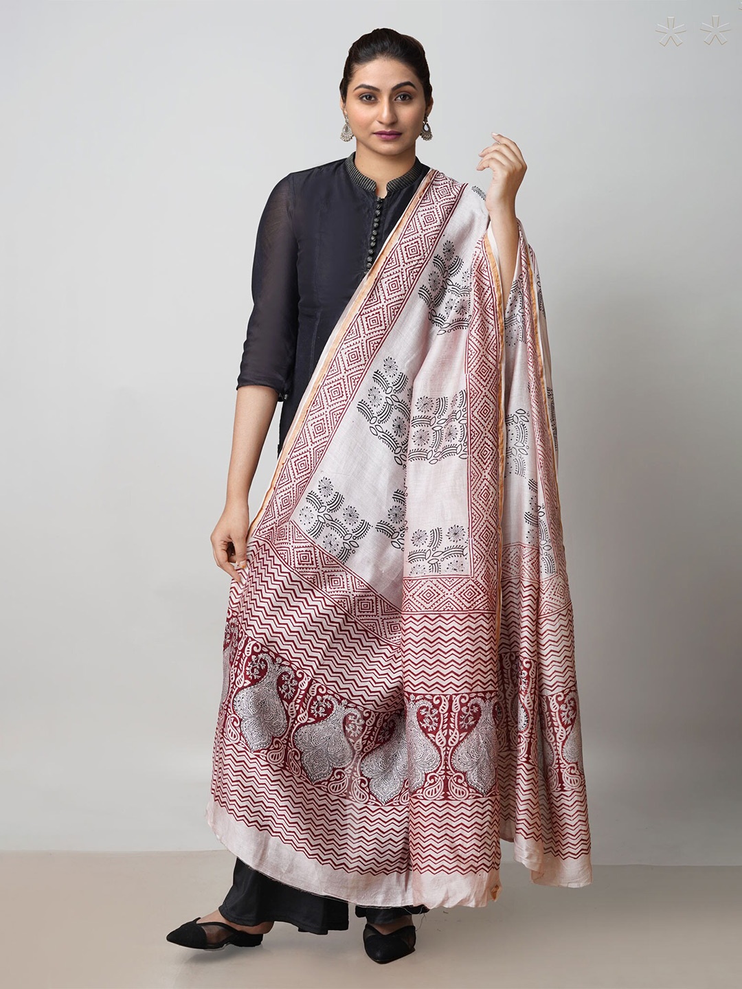 

Unnati Silks Ethnic Motifs Printed Pure Cotton Zari Dupatta, White