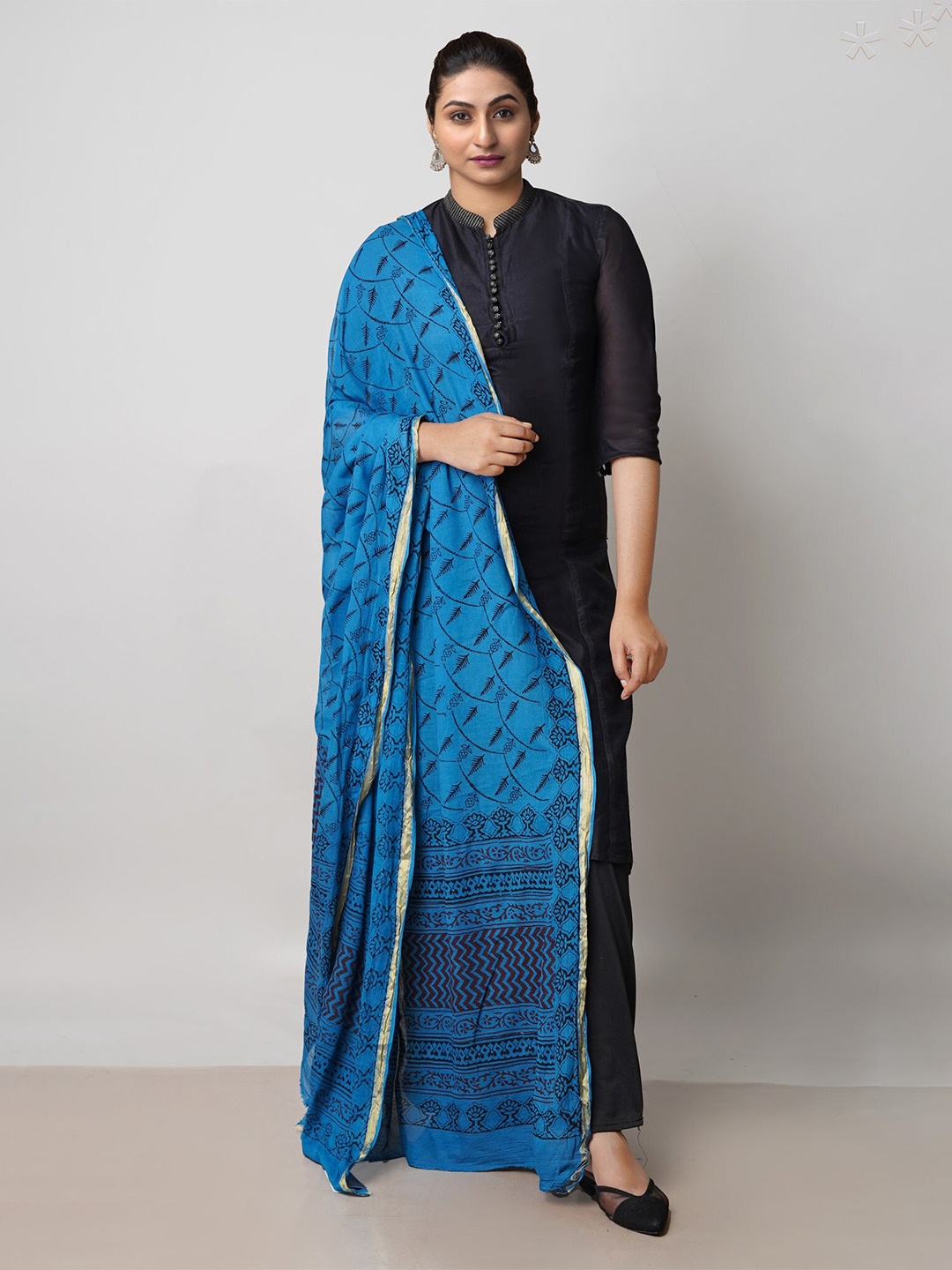 

Unnati Silks Ethnic Motifs Printed Pure Cotton Dupatta with Zari, Blue