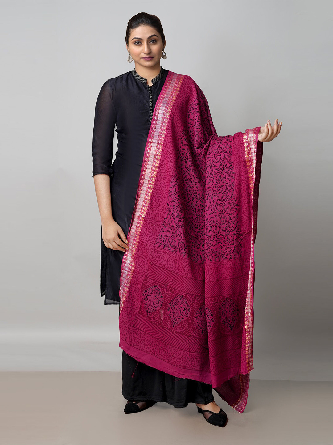 

Unnati Silks Ethnic Motifs Printed Pure Cotton Dupatta with Zari, Pink
