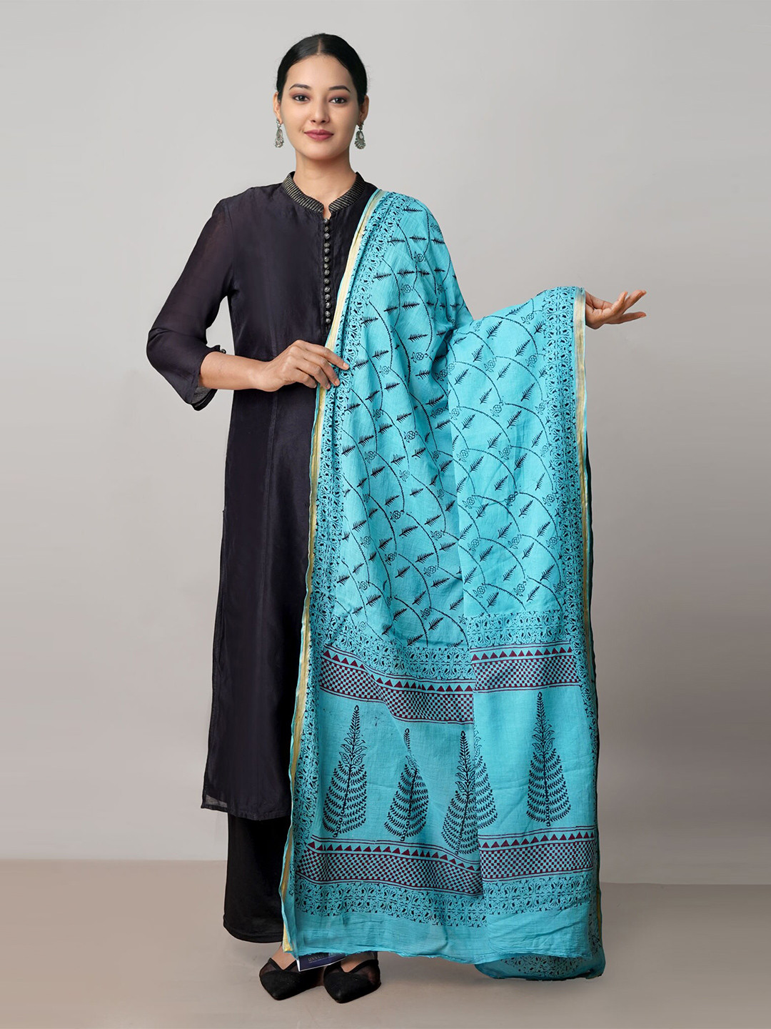 

Unnati Silks Ethnic Motifs Printed Pure Cotton Dupatta with Zari, Blue