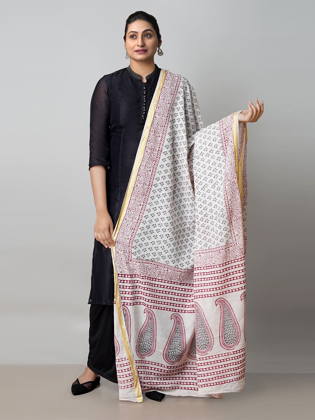 

Unnati Silks Ethnic Motifs Printed Pure Cotton Dupatta with Zari, Off white