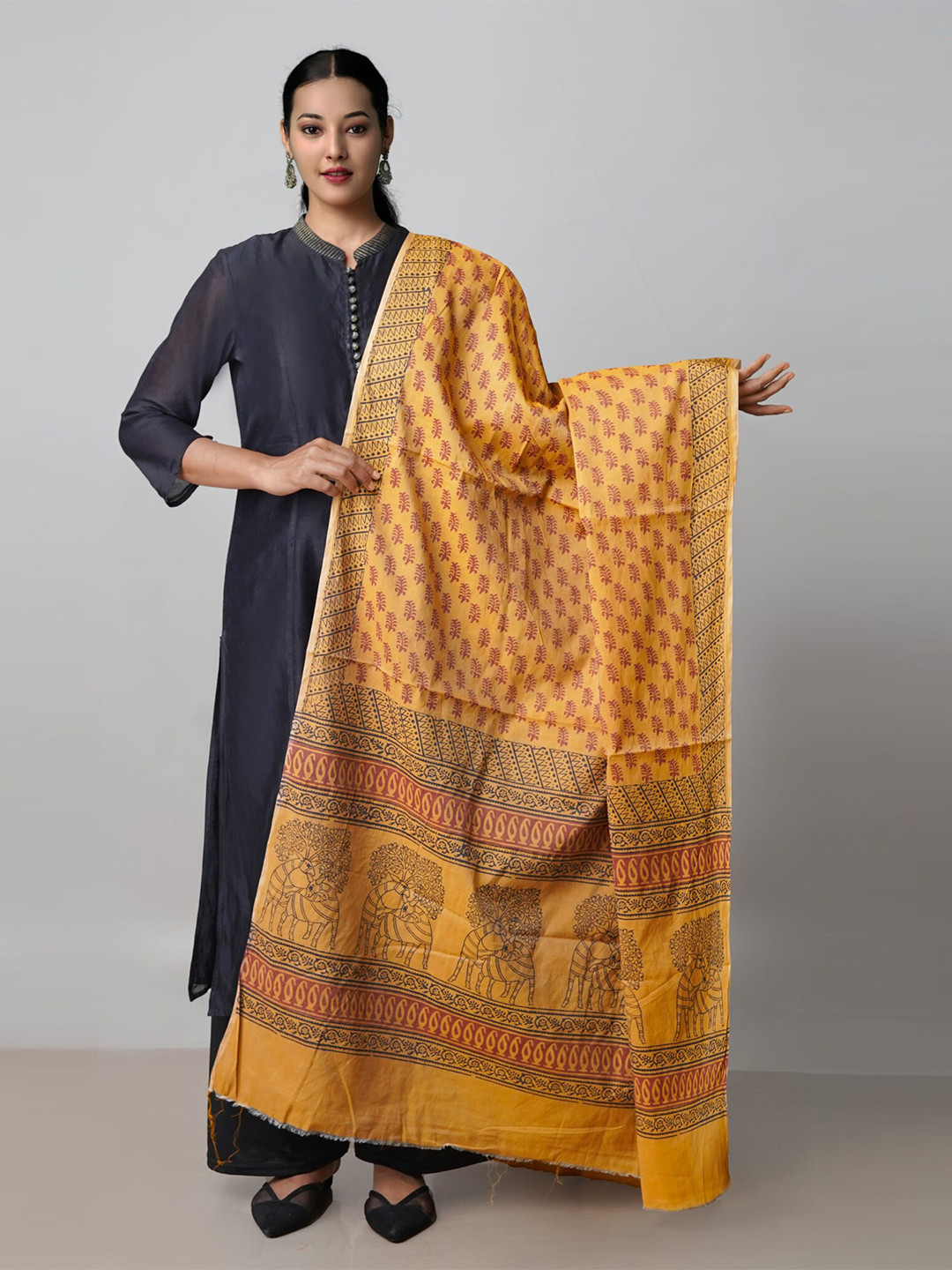 

Unnati Silks Ethnic Motifs Printed Pure Cotton Dupatta with Zari, Brown