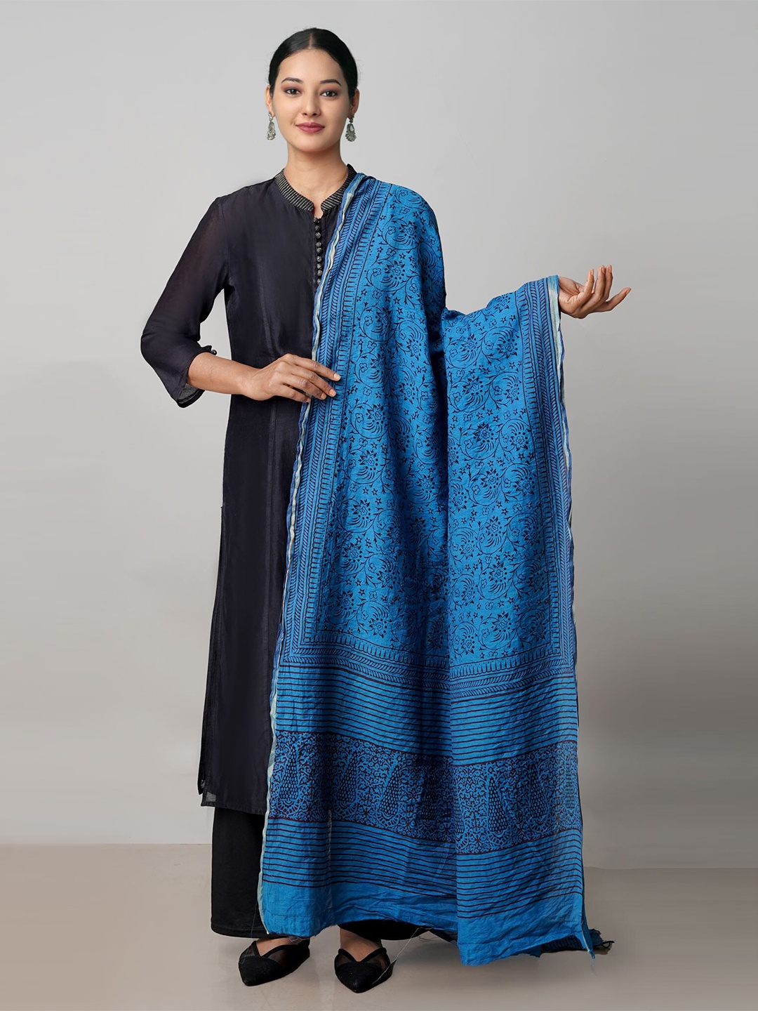 

Unnati Silks Ethnic Motifs Printed Pure Cotton Dupatta With Zari, Blue