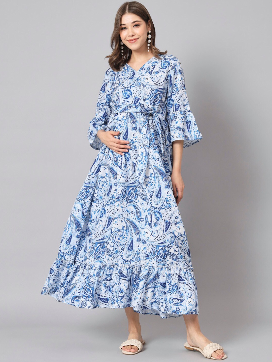 

The Dry State Blue Paisley Printed Bell Sleeve Maternity A-Line Dress