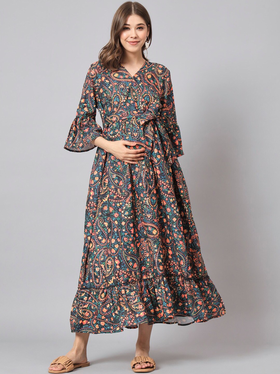 

The Dry State Black Paisley Printed Bell Sleeve Maternity A-Line Dress