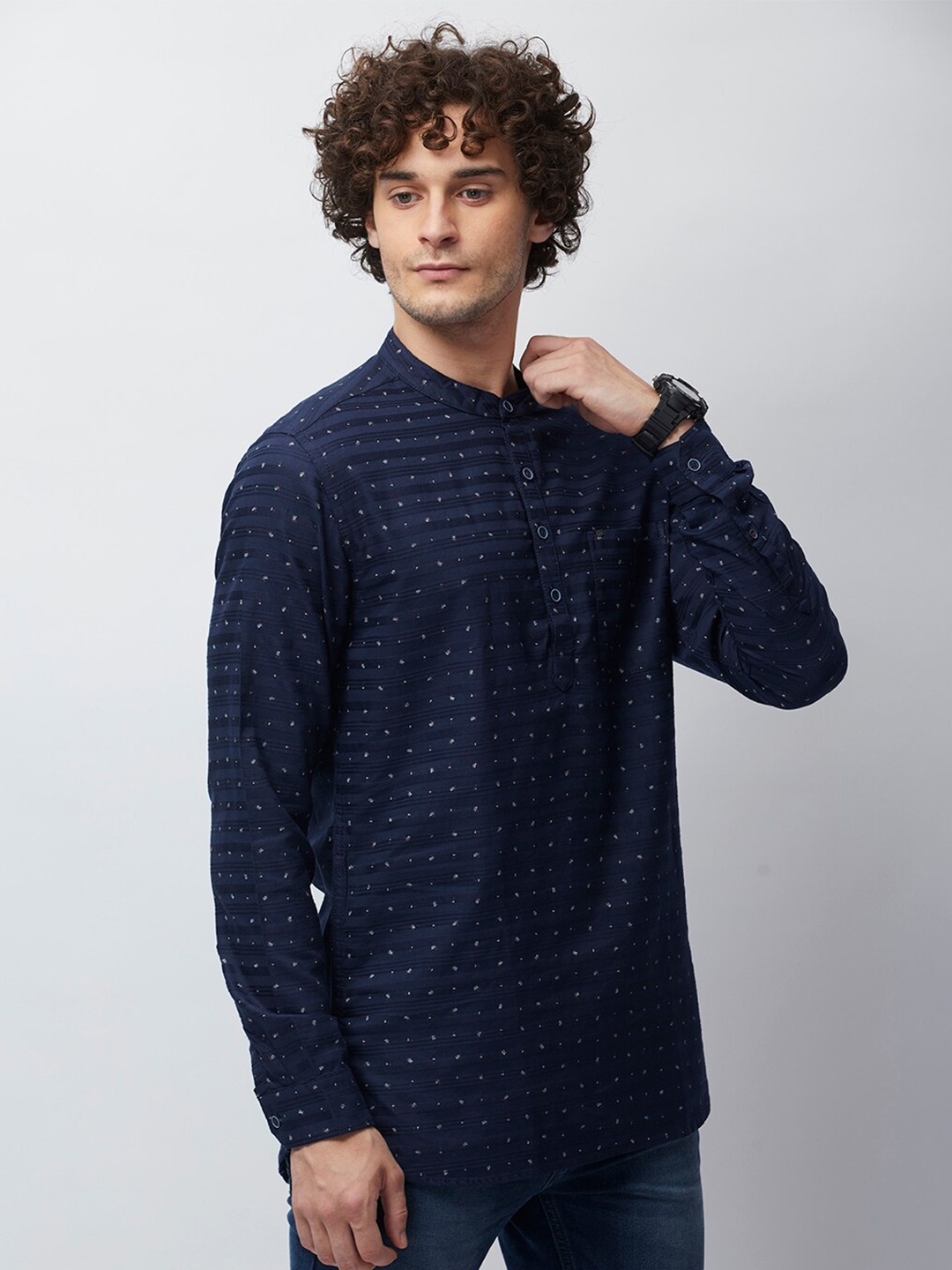 

MOZZO Micro Ditsy Printed Cotton Classic Slim Fit Opaque Casual Shirt, Navy blue