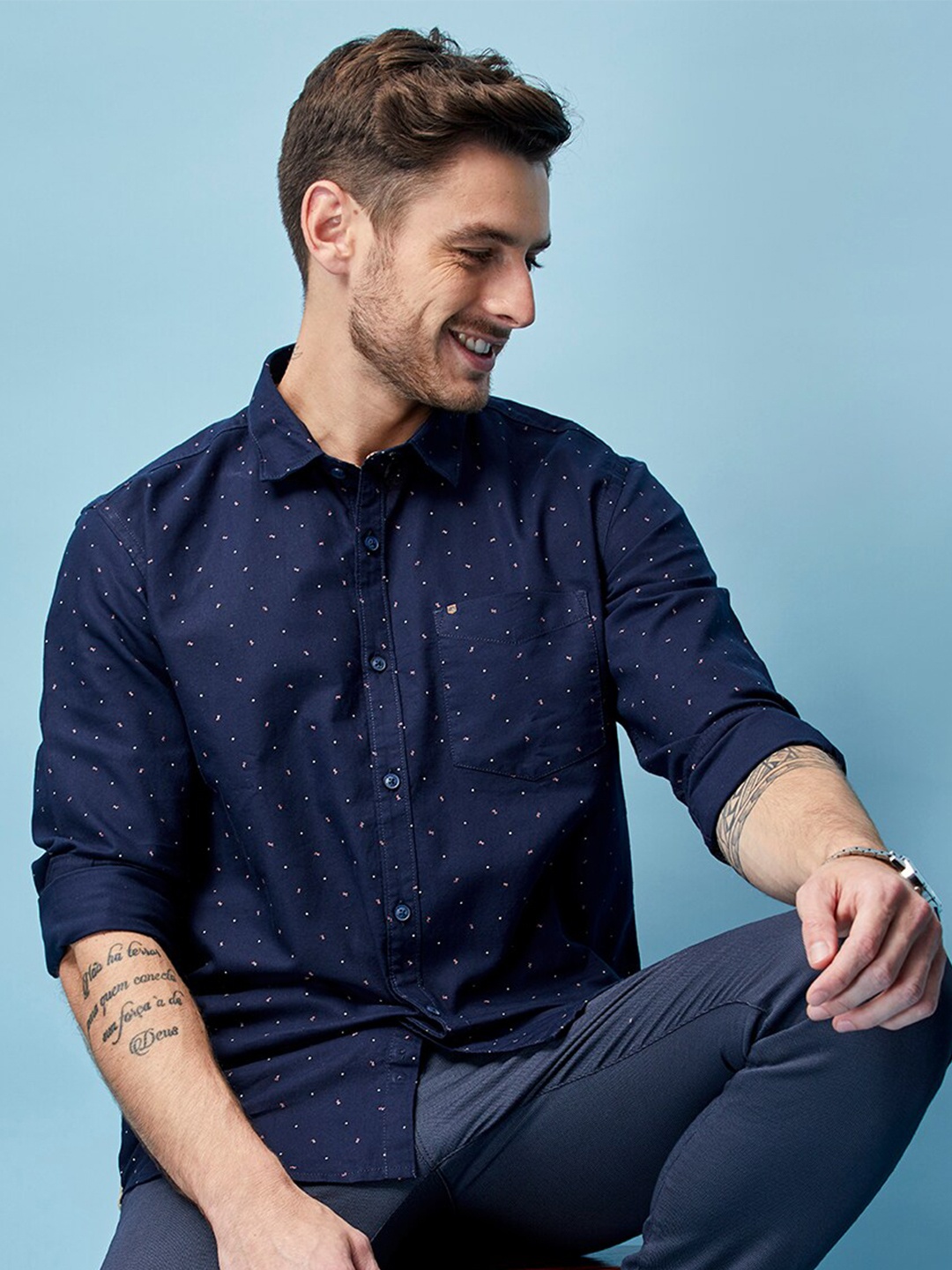 

MOZZO Micro Ditsy Printed Cotton Classic Slim Fit Opaque Casual Shirt, Navy blue