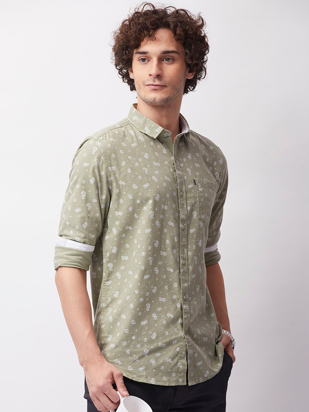 

MOZZO Classic Slim Fit Floral Printed Cotton Casual Shirt, Green