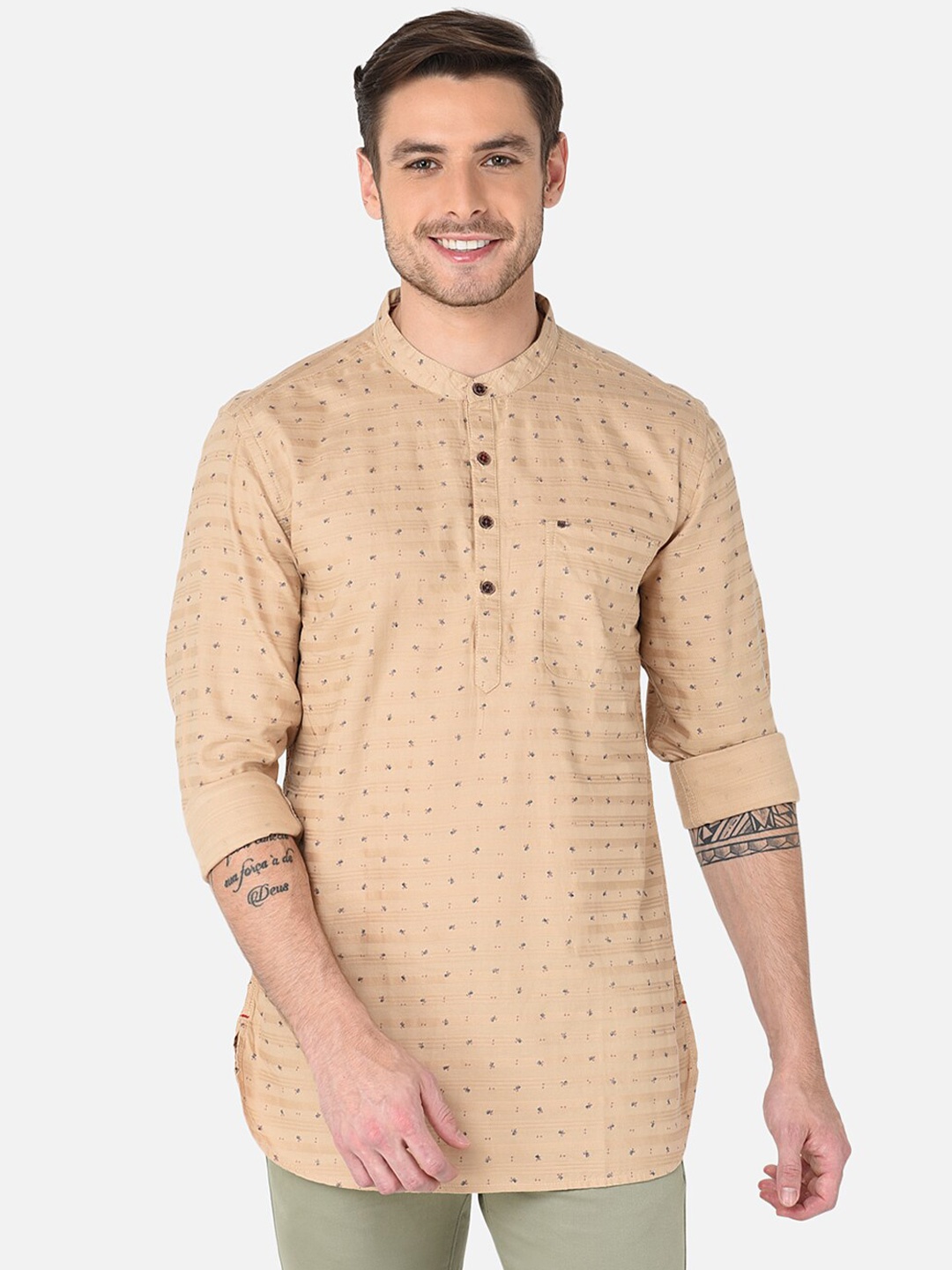 

MOZZO Classic Slim Fit Floral Printed Mandarin Collar Cotton Casual Shirt, Beige