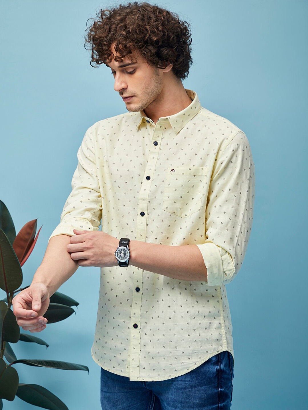

MOZZO Micro Ditsy Printed Cotton Classic Slim Fit Opaque Casual Shirt, Yellow