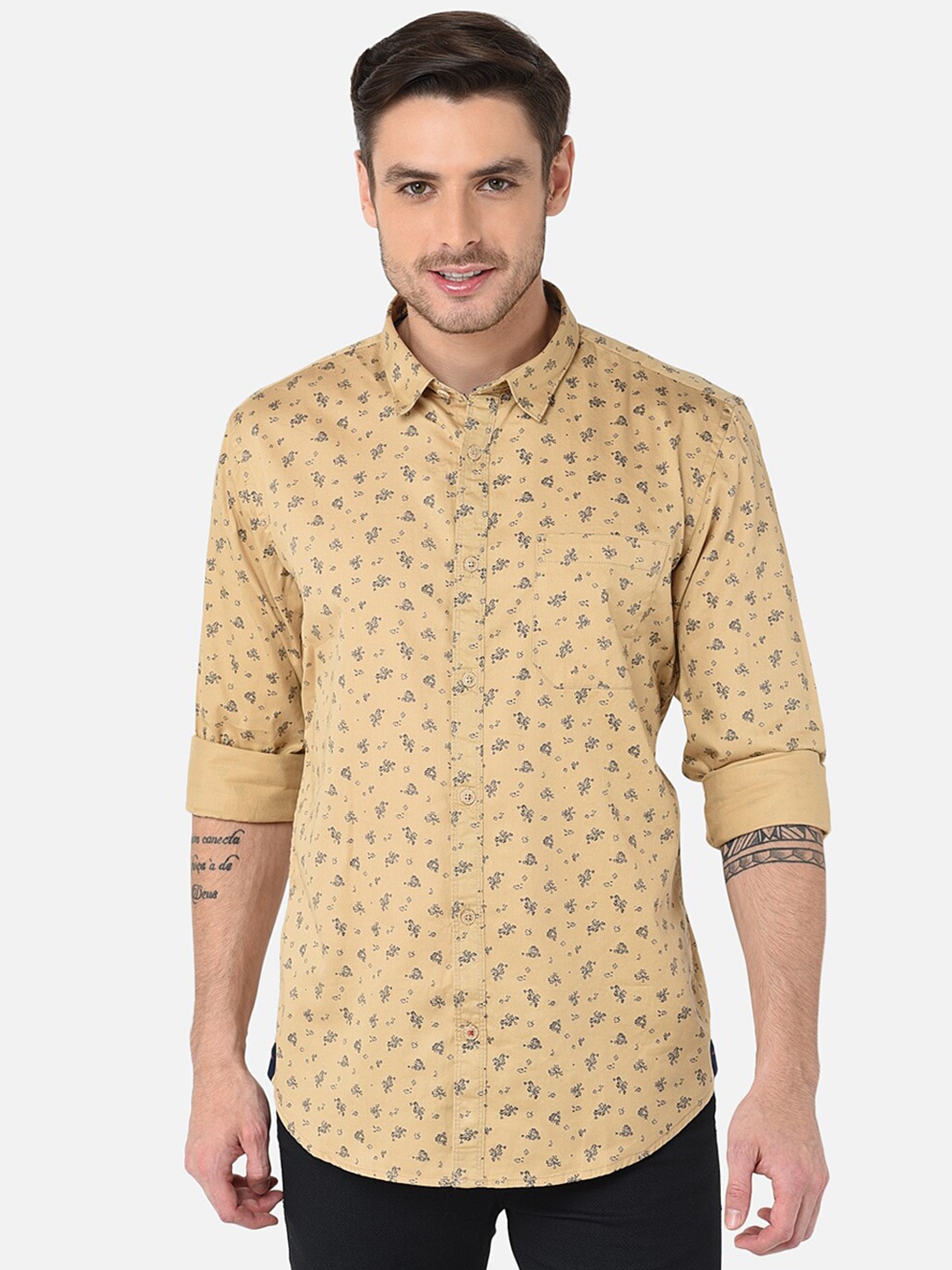 

MOZZO Classic Slim Fit Floral Printed Cotton Casual Shirt, Khaki