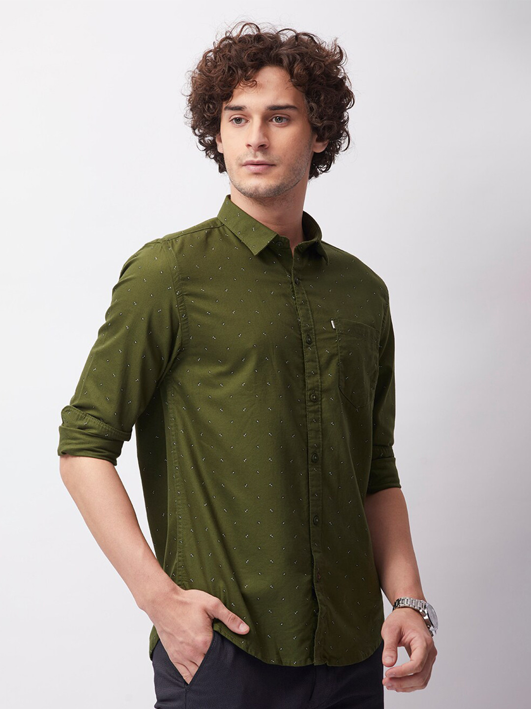 

MOZZO Micro Ditsy Printed Cotton Classic Slim Fit Opaque Casual Shirt, Green