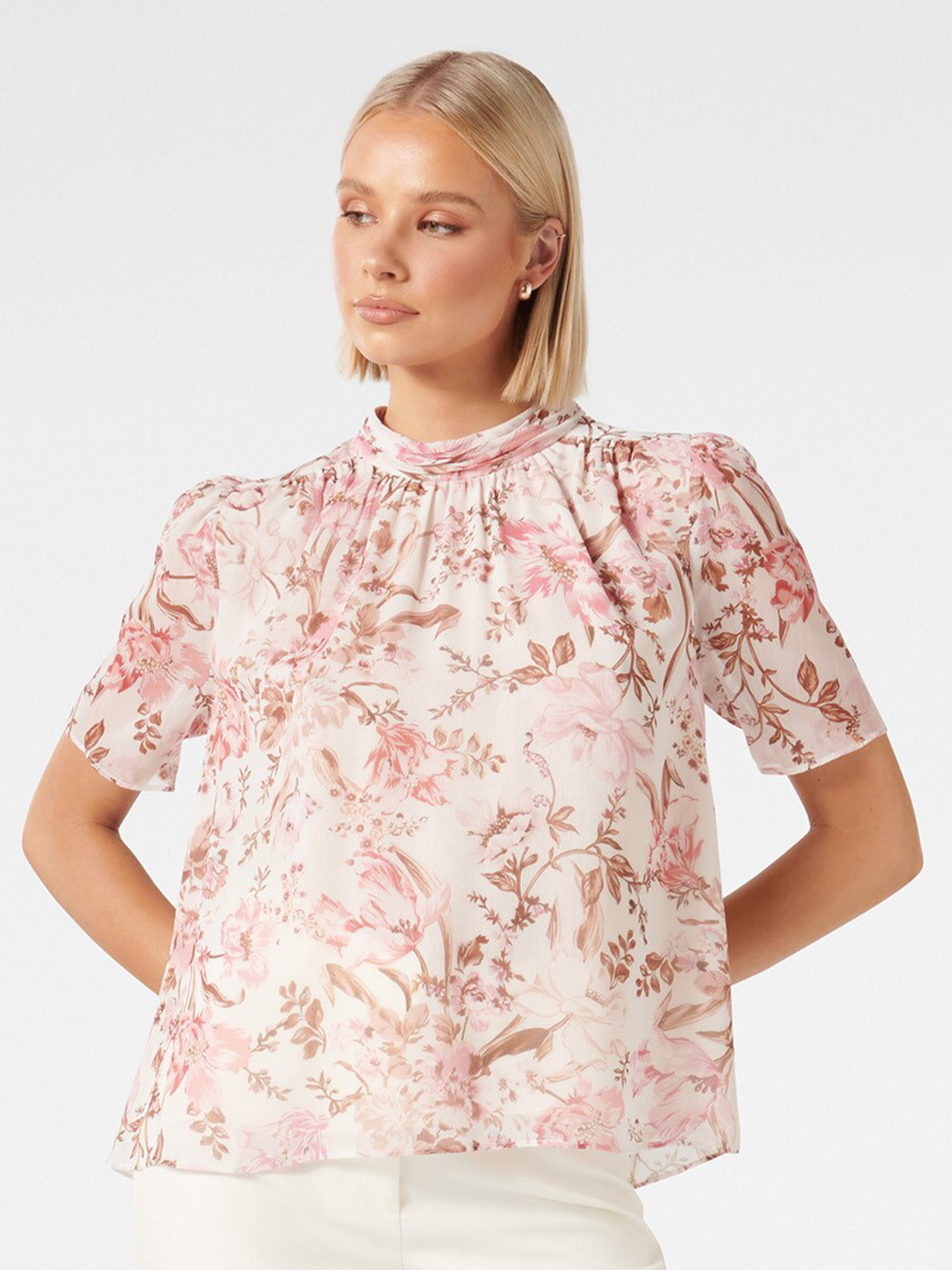 

Forever New Floral Printed High Neck Puffed Sleeves Blouson Top, Beige