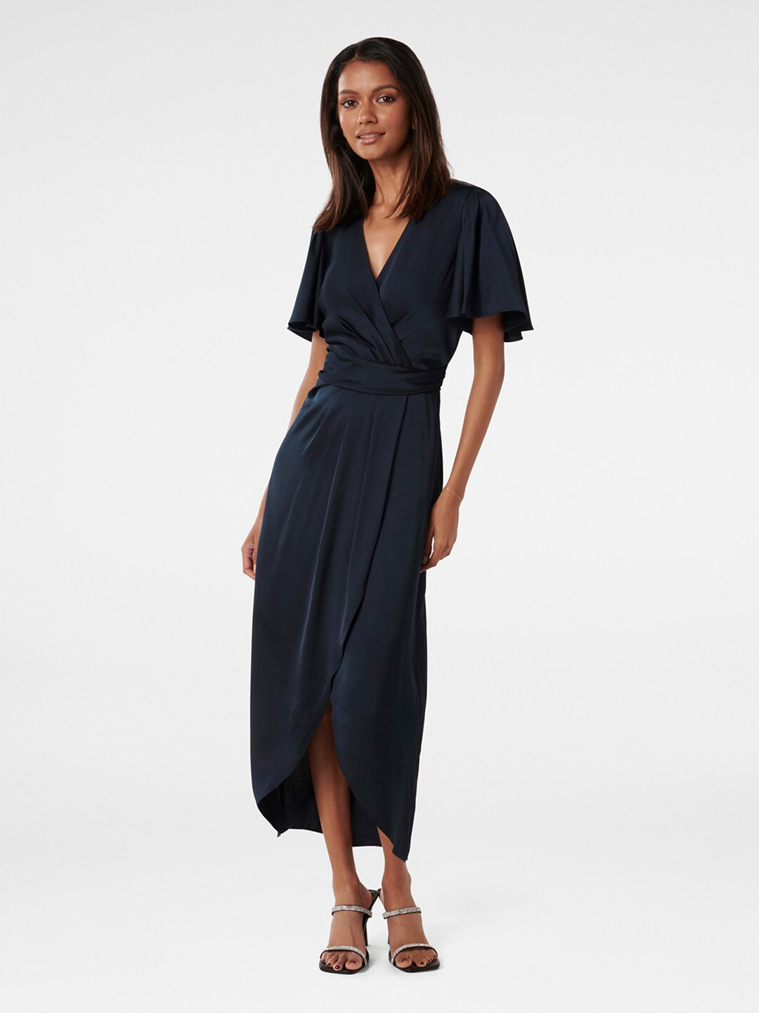 

Forever New V-Neck Flared Sleeve Satin Midi Dress, Navy blue