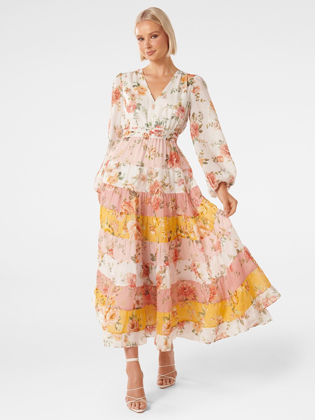

Forever New Floral Printed Puff Sleeves Tiered Maxi Dress, White