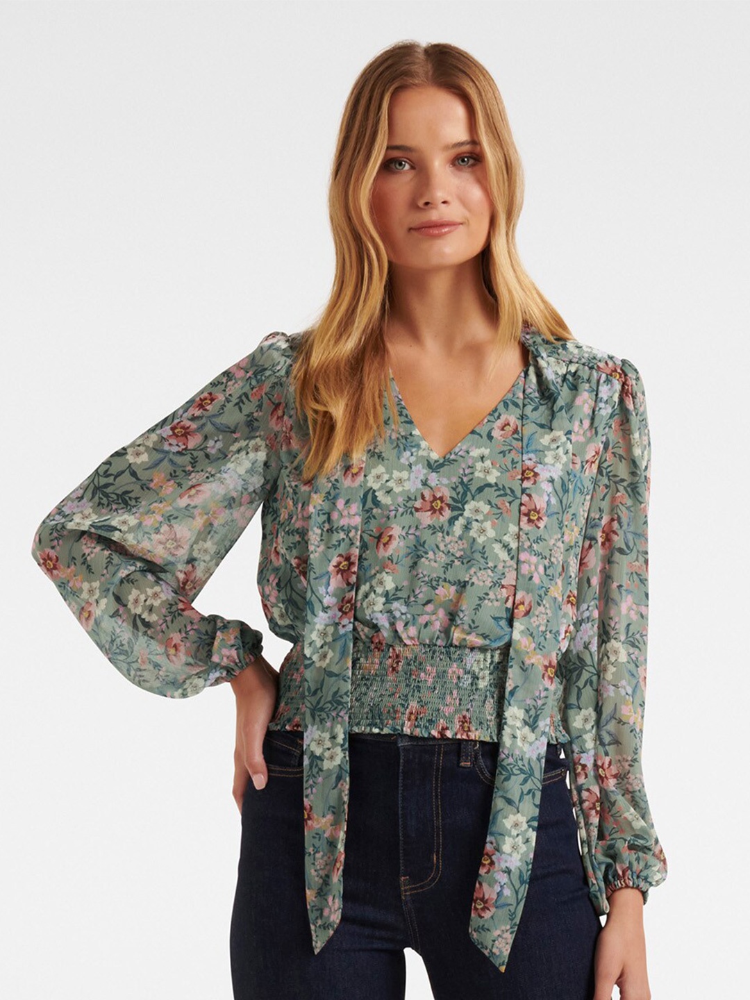 

Forever New Floral Printed V-Neck Puff Sleeves Smocking Blouson Top, Green