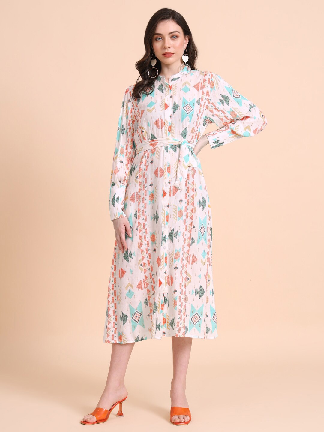 

HERE&NOW White Geometric Printed Puff Sleeves A-Line Midi Dress