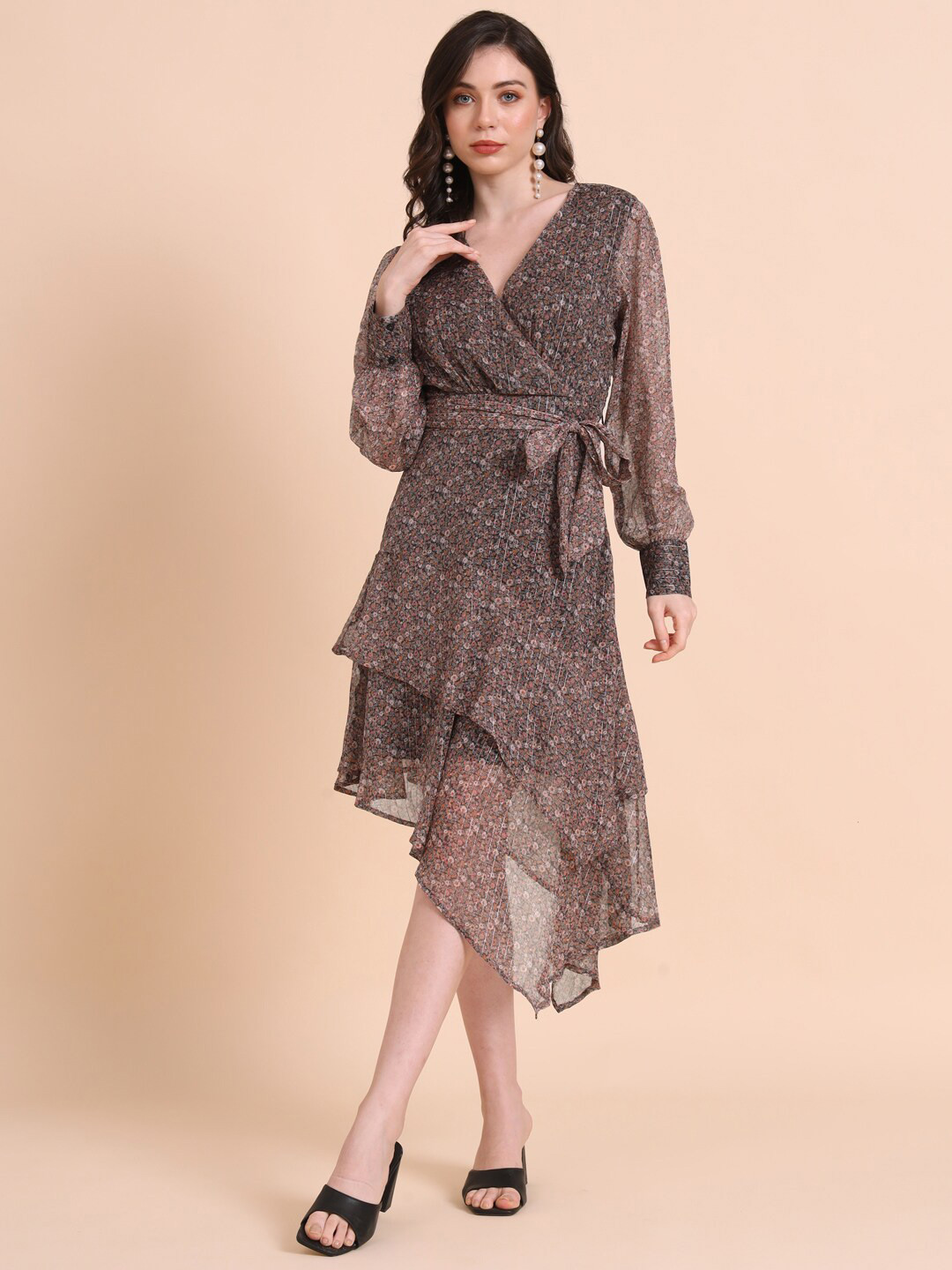 

HERE&NOW Coffee Brown Floral Printed Wrap Midi Dress