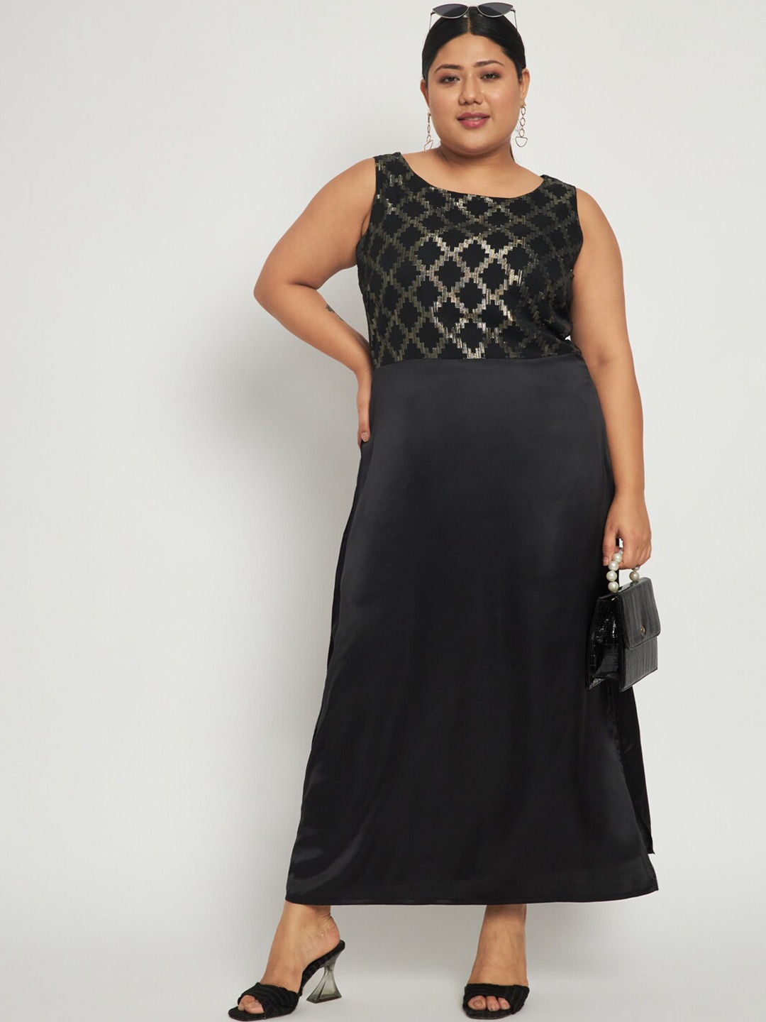 

HERE&NOW Black Plus Size Self Design Satin Maxi Dress
