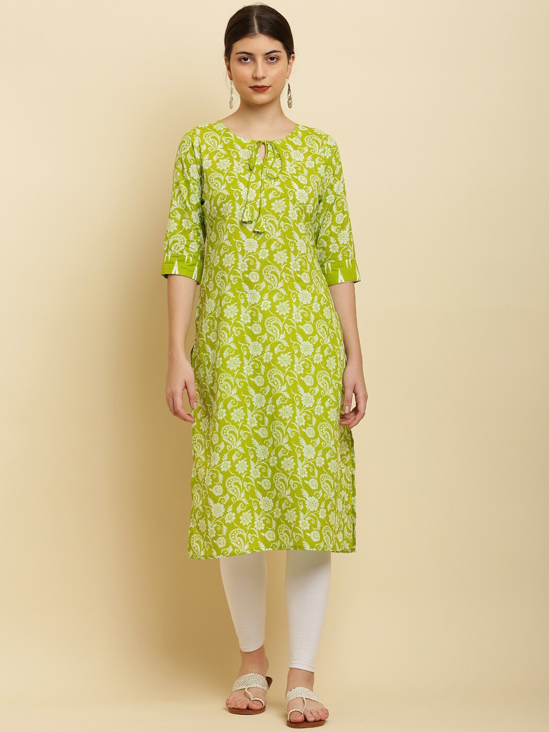 

Waahiba Floral Printed Tie-Ups Neck Pure Cotton Regular Kurta, Green
