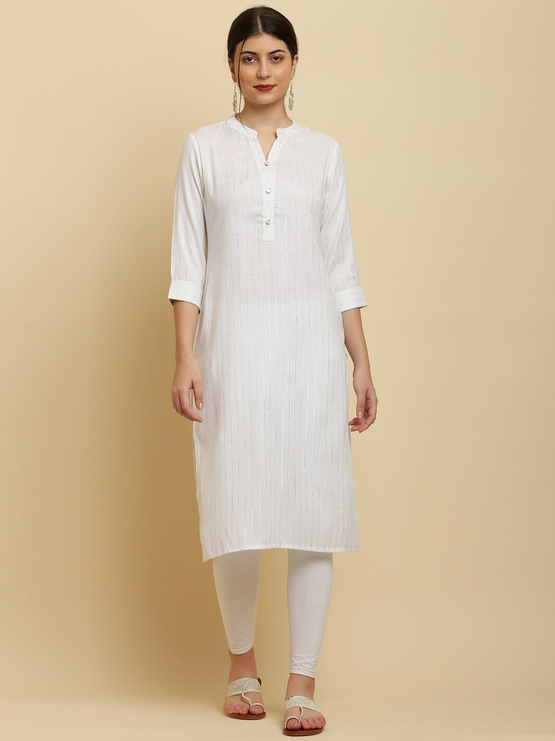

Waahiba Striped Mandarin Collar Cotton Regular Kurta, White